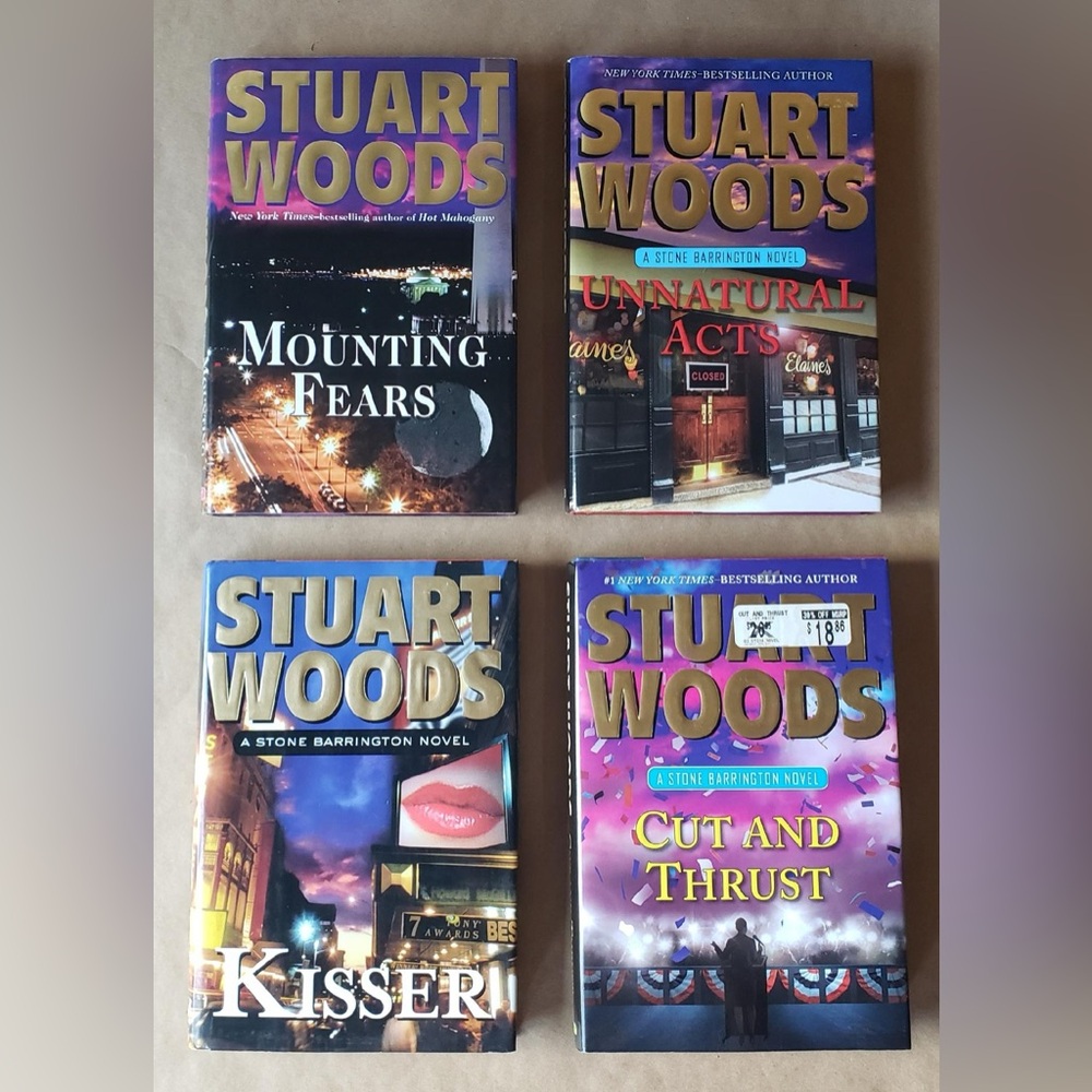 STUART WOODS BOOKS LOT OF 4 KISSER, CUT & THRUST, MOUNTING FEARS, UNNATURAL ACTS